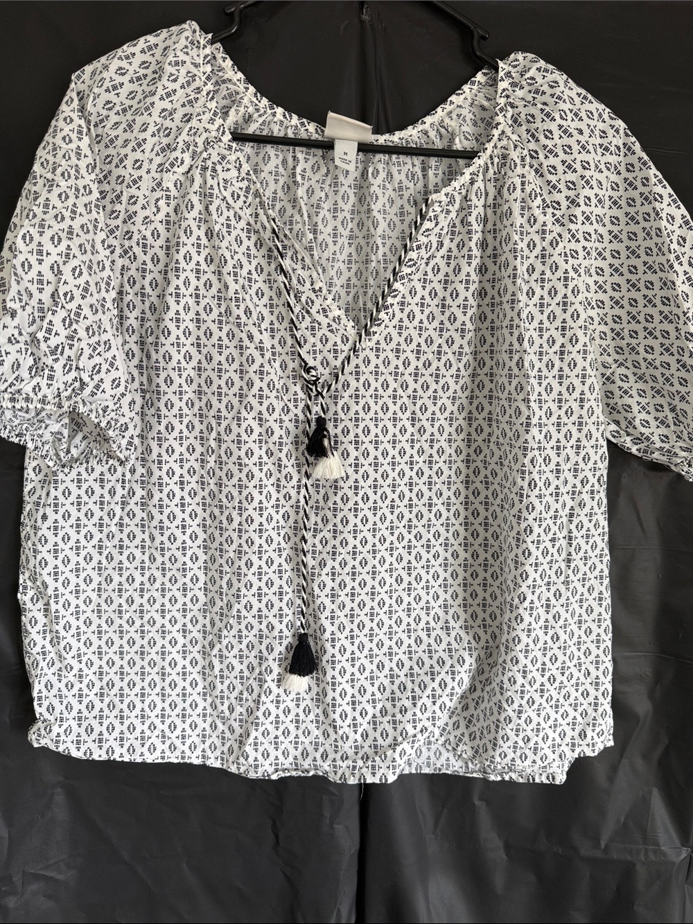 a new day White Blouse with Black Geometric Print and Tassels